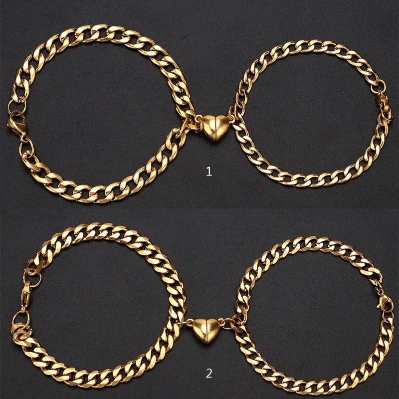 Fashionable titanium steel couple bracelets in gold and silvery colors, showcasing the minimalist and sleek design