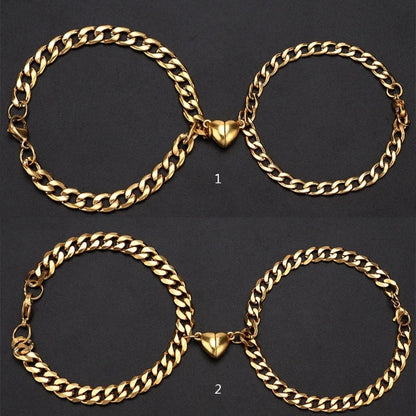 Fashionable titanium steel couple bracelets in gold and silvery colors, showcasing the minimalist and sleek design