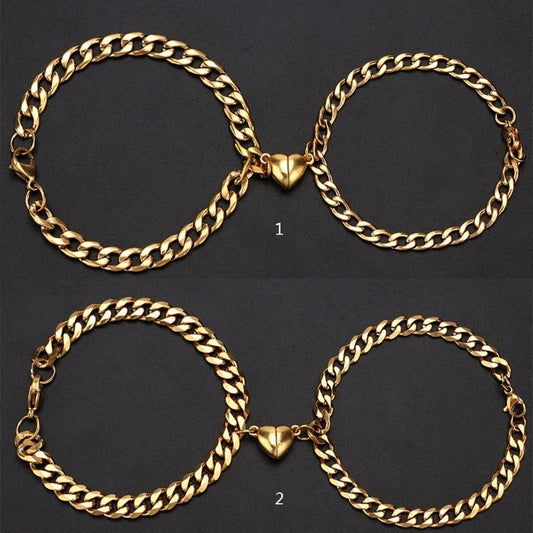 Fashionable titanium steel couple bracelets in gold and silvery colors, showcasing the minimalist and sleek design