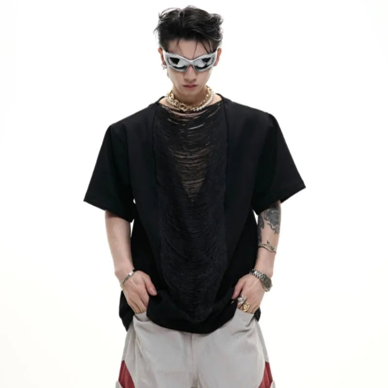Men's loose fit black t-shirt with a hollow-out V-neck collar and tassel detail on short sleeves.