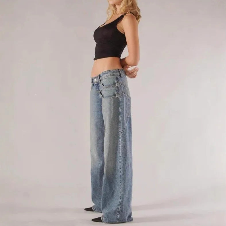 Women's blue cotton loose straight wide leg mop trousers with low waist