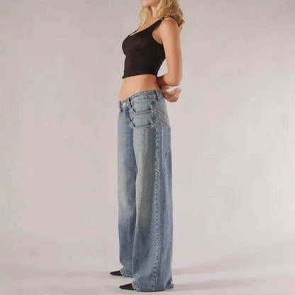 Women's blue cotton loose straight wide leg mop trousers with low waist