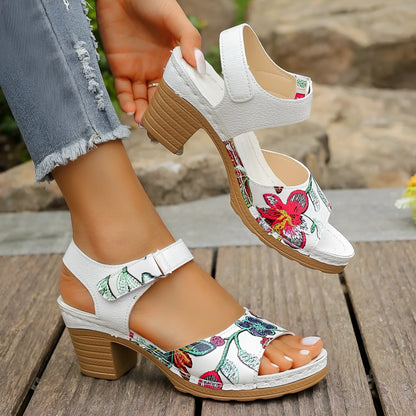 White women's high heel sandals with velcro buckle closure showing PU upper and rubber sole