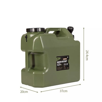 Army green portable water storage barrel with faucet, 18-liter capacity, square shape