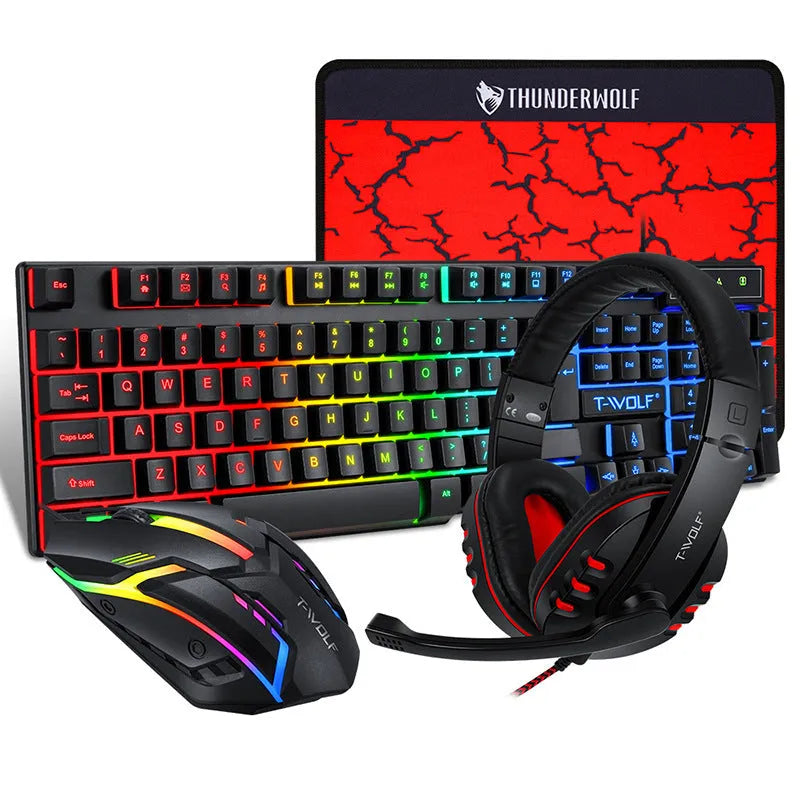 Thunder Wolf wired gaming keyboard and mouse set with luminous effects including headset and mouse pad