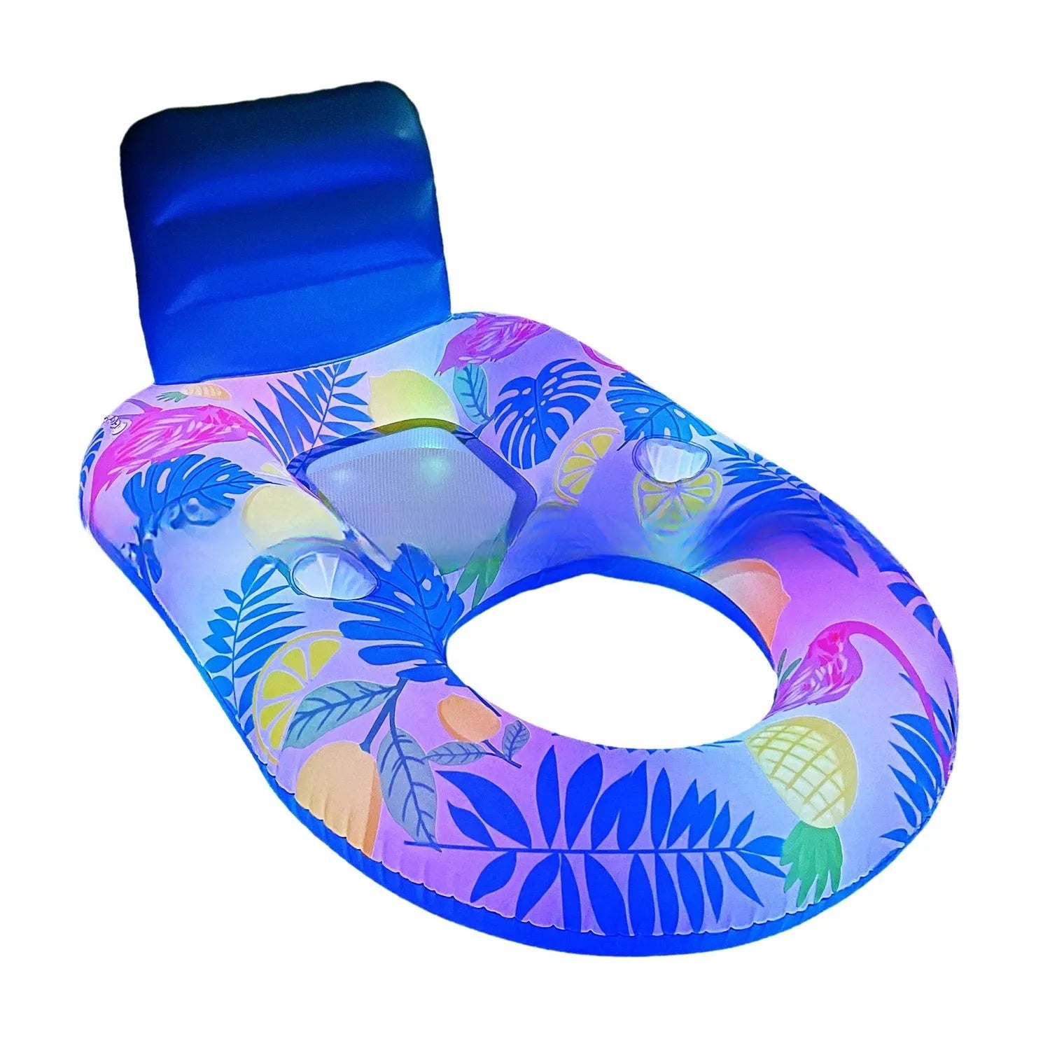 Large white inflatable pool floating bed with integrated backrest recliner on blue water