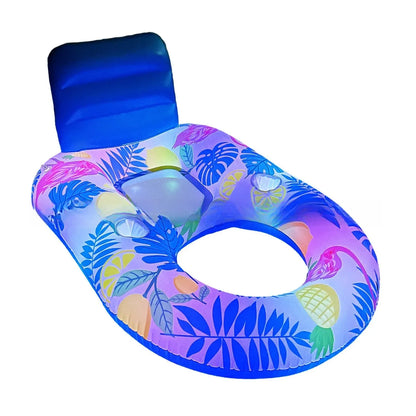 Large white inflatable pool floating bed with integrated backrest recliner on blue water