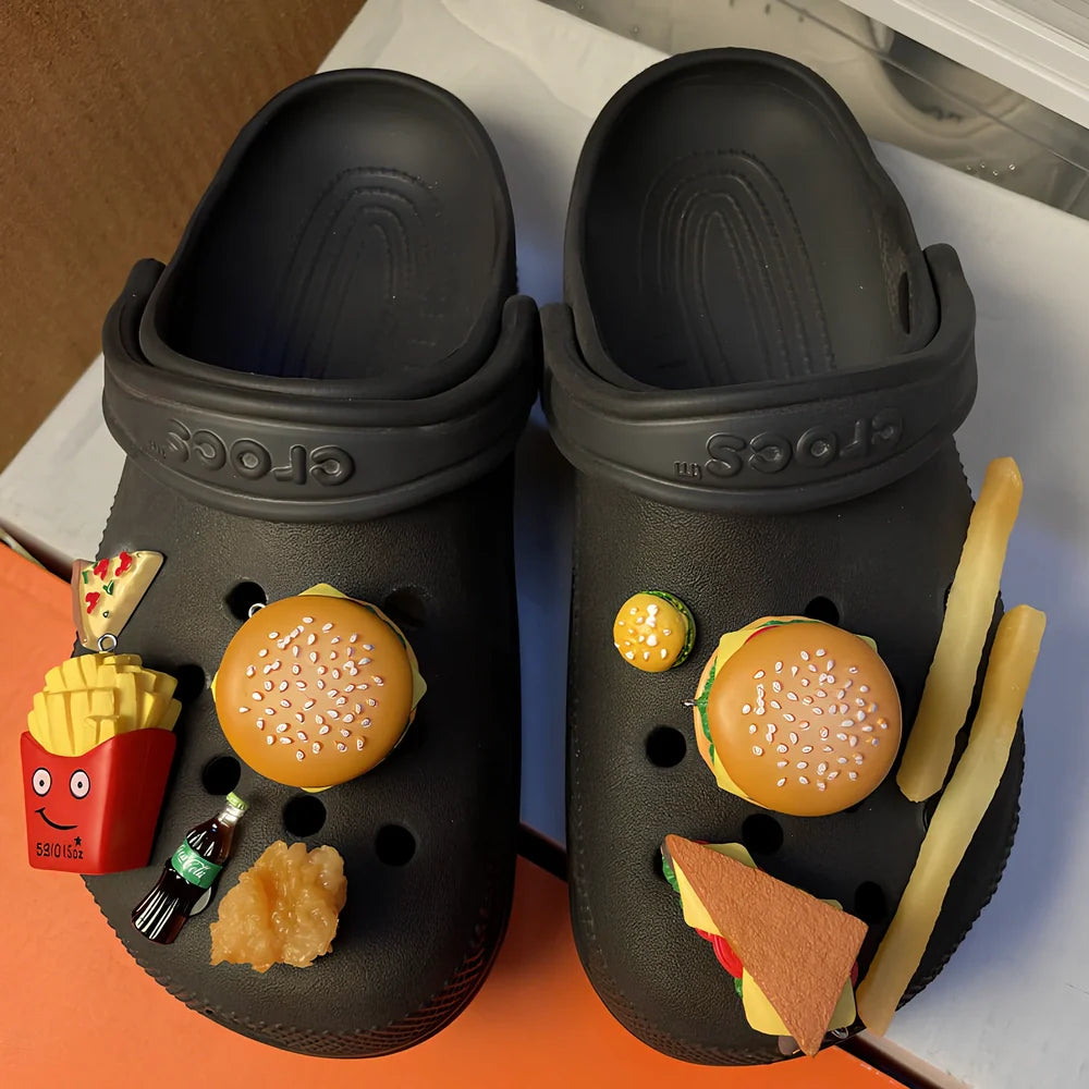 Six DIY plastic shoe buckles with fried chicken burger designs including double wheat chicken nuggets and double drumstick variations