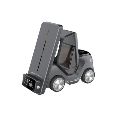 15W three-device wireless charging bracket in grey, white, yellow, or orange with compact 150x146x75mm dimensions