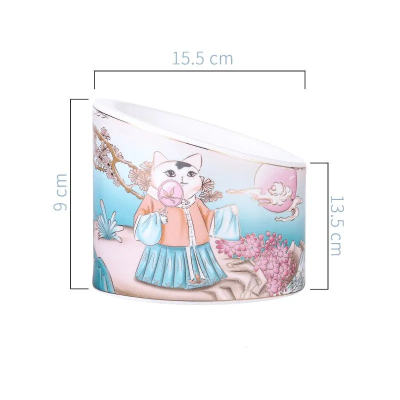 Chinese style ceramic cat bowl set with high legs and double bowl design