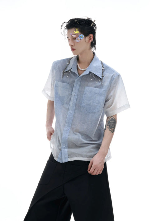 Blue and white gradient short-sleeved shirt with loose fit and half-sleeve design on hanger