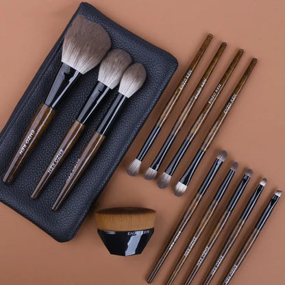 12-piece makeup brush set with wooden handles in PU travel case including powder foundation brush