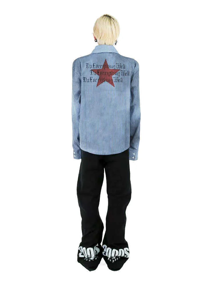 Men's washed blue striped long sleeve shirt with lapel collar