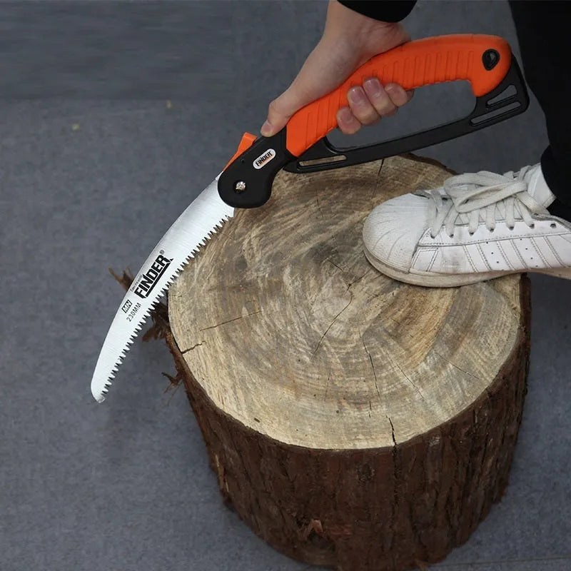 230mm folding garden saw with TPR grip, shown open and closed, for pruning branches up to 10cm thick