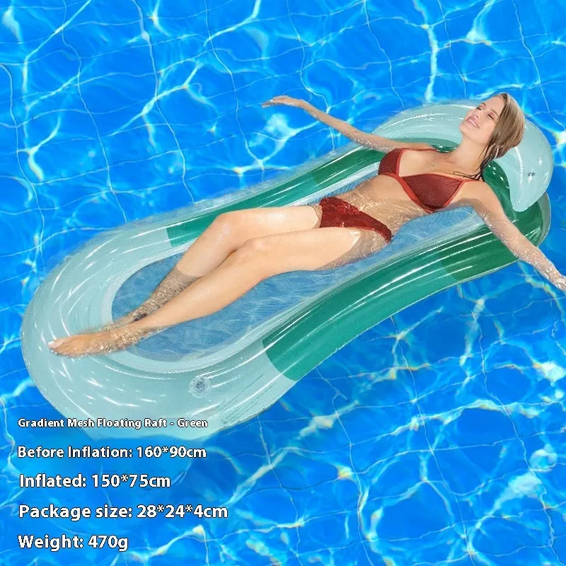 A 170cm long inflatable pool lounger with a mesh centre panel and thick sequined gradient design floating in water.