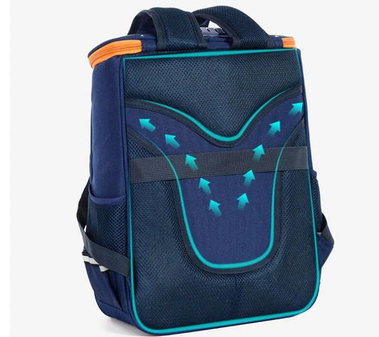 Blue-red spine protection backpack for elementary school boys measuring 41x30x13.5cm