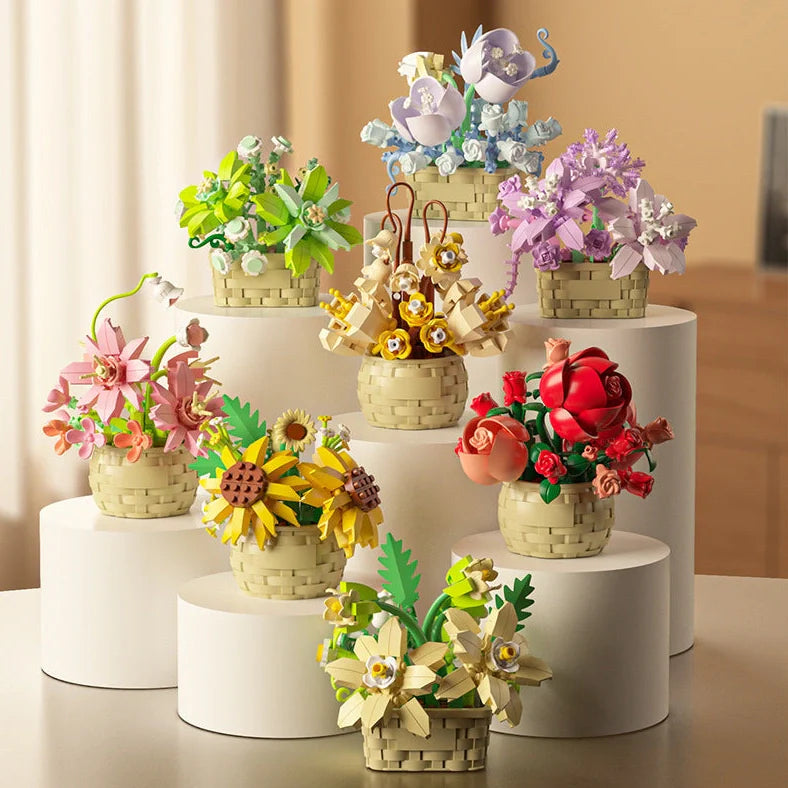 Eternal Flower Basket building blocks set with eight floral designs in colour box packaging