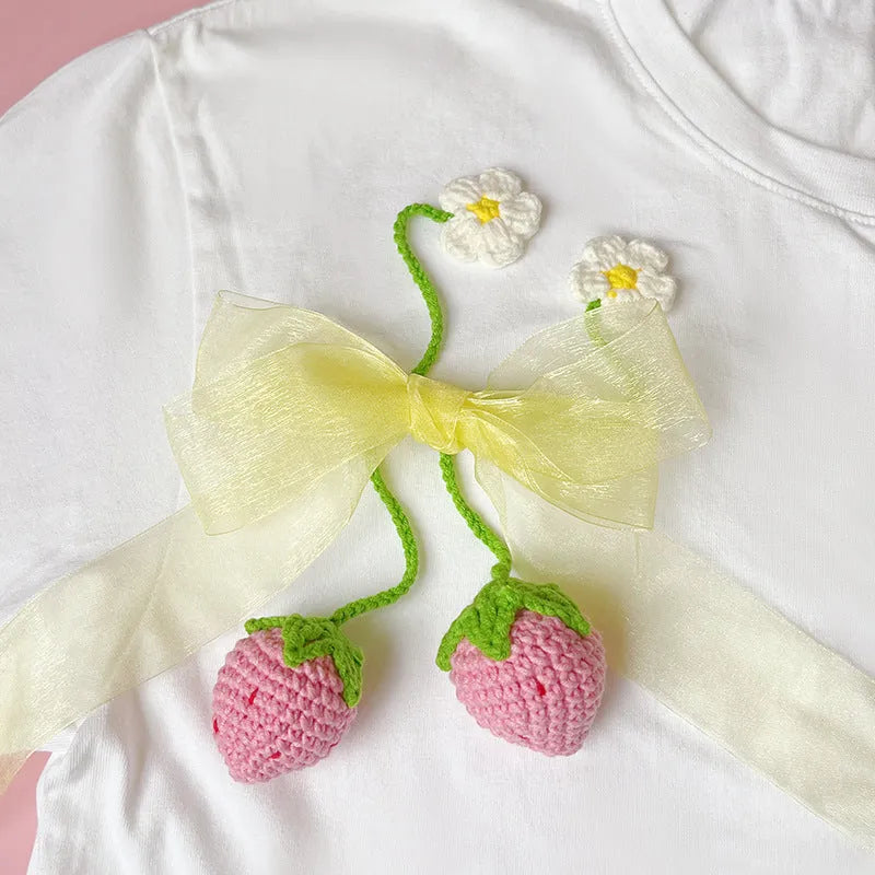 Wool crochet woven strawberry pendant necklace on 35cm chain in pink or red colour