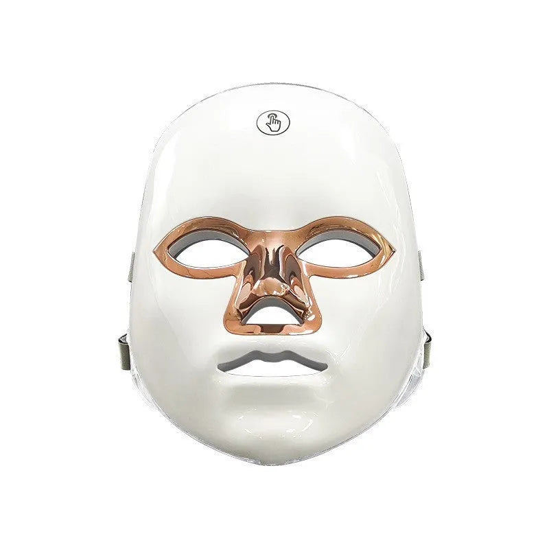White golden edge LED beauty mask with manual touch controls and fixing strap for facial treatments