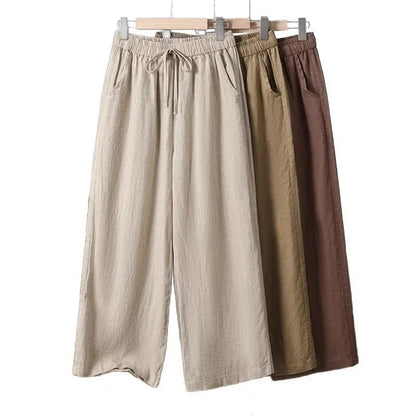 Women's straight-leg casual trousers with elastic waistband and drawstring closure in polyester fabric
