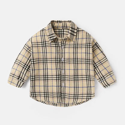 Boys' long sleeve cotton shirt with lattice animal print in light blue, sizes based on child height.