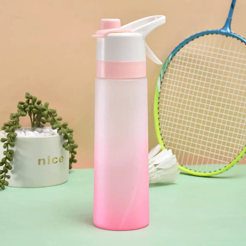 Large plastic spray water bottle with handle strap and leakproof lid in green colour.