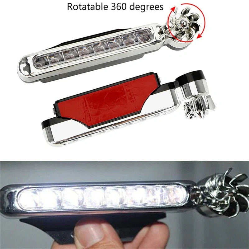 Wind-powered LED daytime running lights for cars and motorcycles in colorful, white, and blue options