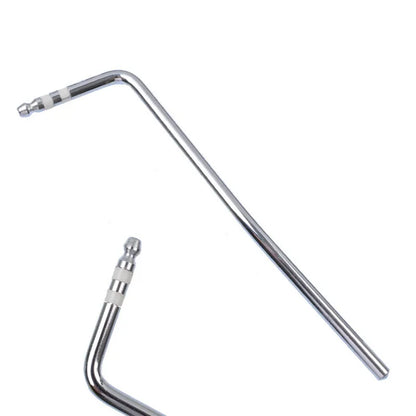Close-up of a chrome guitar tremolo bar with direct plug-in threaded end.