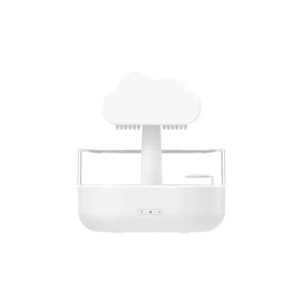 Soothing cloud-shaped humidifier with raindrop lights, aromatherapy diffuser, and sleep-promoting functions for a tranquil ambiance