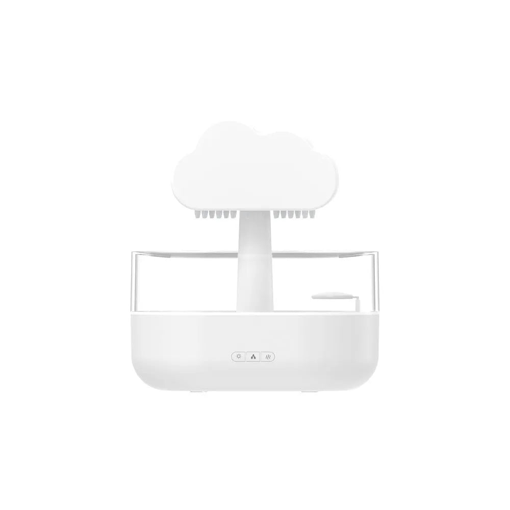 White rain cloud shaped humidifier with LED lighting and water droplet effect
