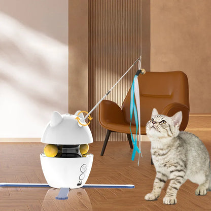 White automatic motion sensor cat toy with elastic rope wand extended