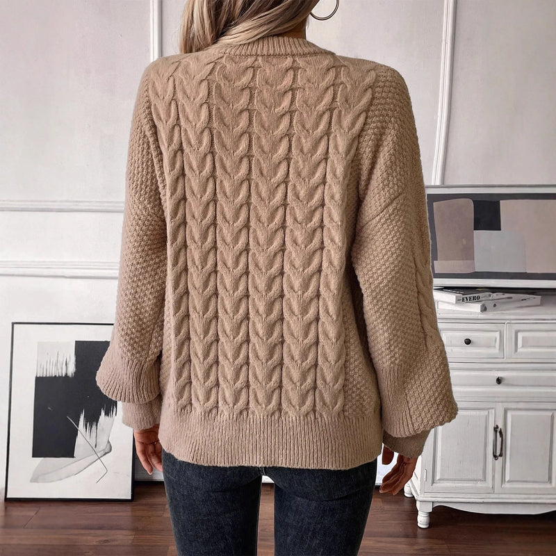 Women's round neck pullover sweater in solid colour with twist design, loose casual style, made from polyester fabric, available in khaki and beige colours, street fashion style with regular sleeves, available in Asian sizes S M L XL