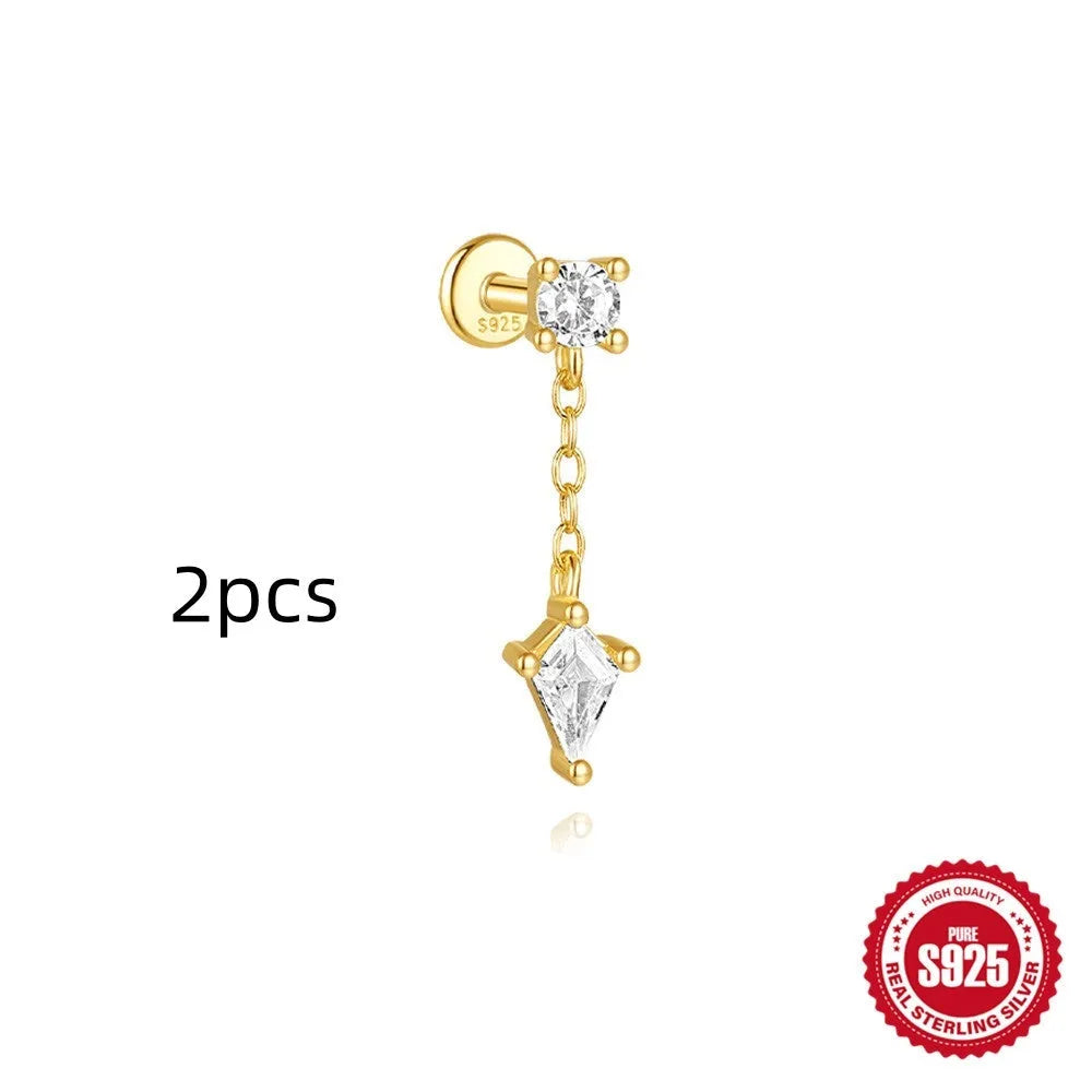 S925 sterling silver geometric kite earrings with rhinestone chain tassel in gold plating