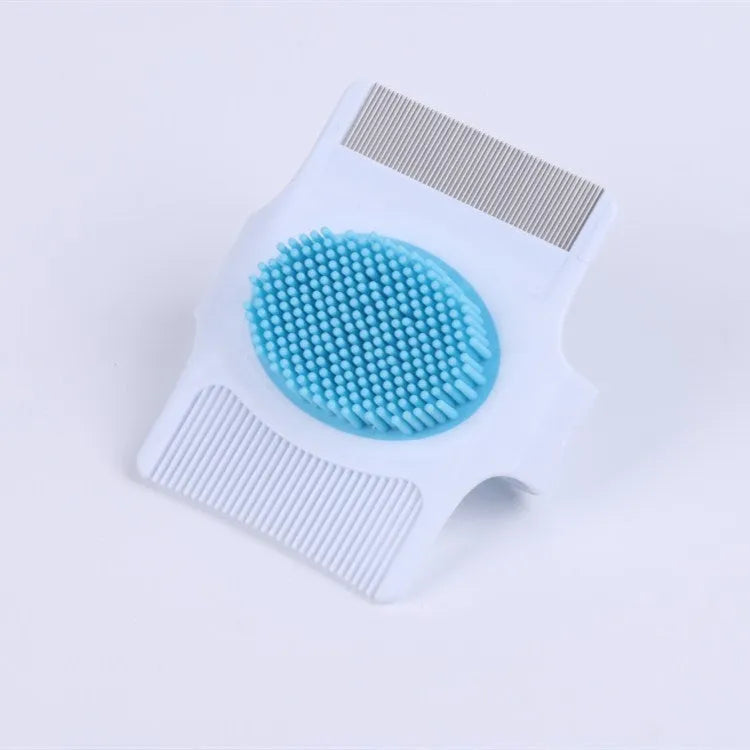 Blue and green multifunctional pet comb with floating hair removal bristles and massage nodes.