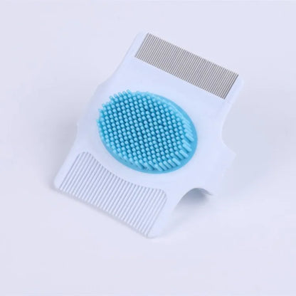 Blue and green multifunctional pet comb with floating hair removal bristles and massage nodes.