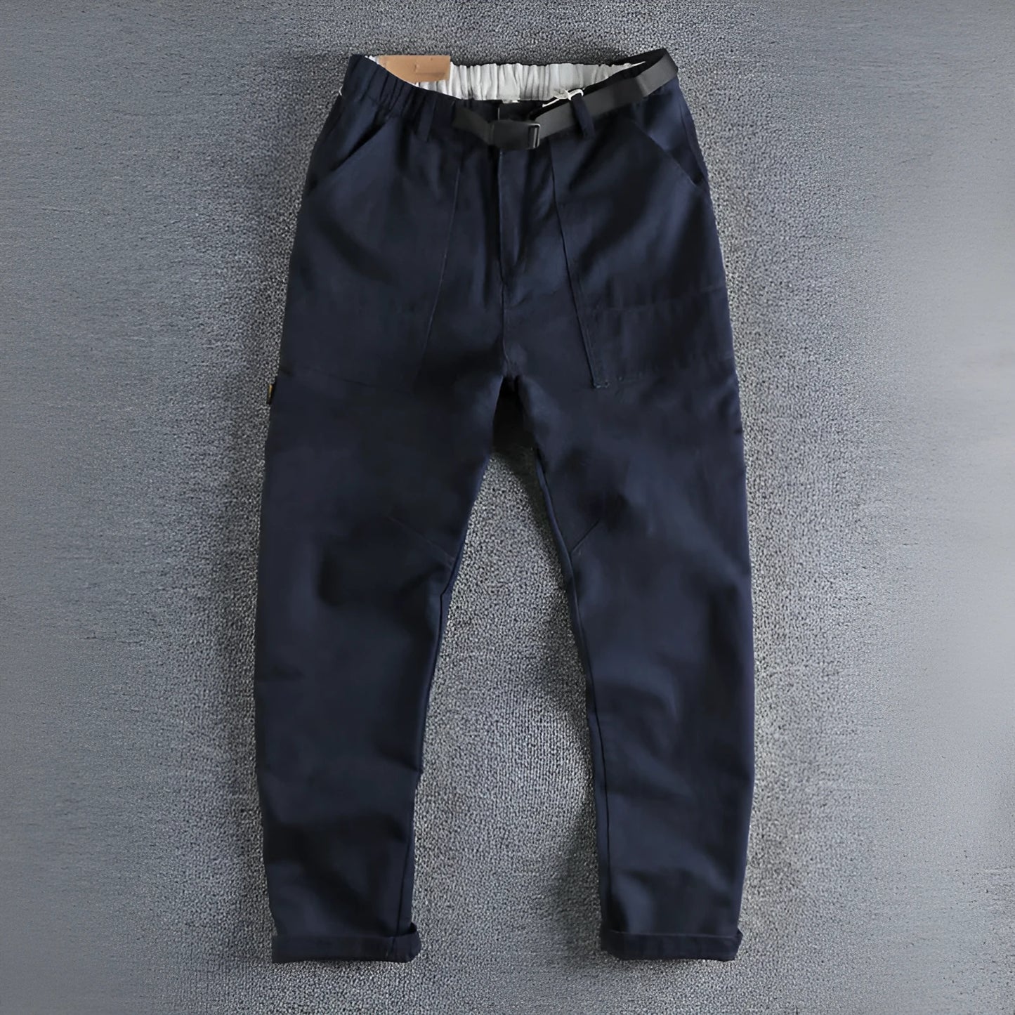 Men's khaki work trousers with N I buckle belt and three-dimensional cutting design