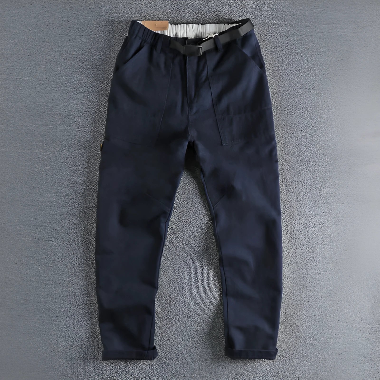 Men's khaki work trousers with N I buckle belt and three-dimensional cutting design