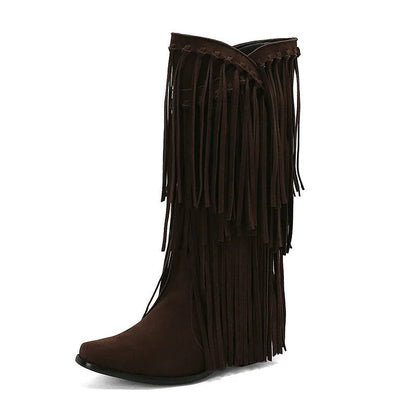 Women's knee-high suede boots with a chunky heel and square toe.