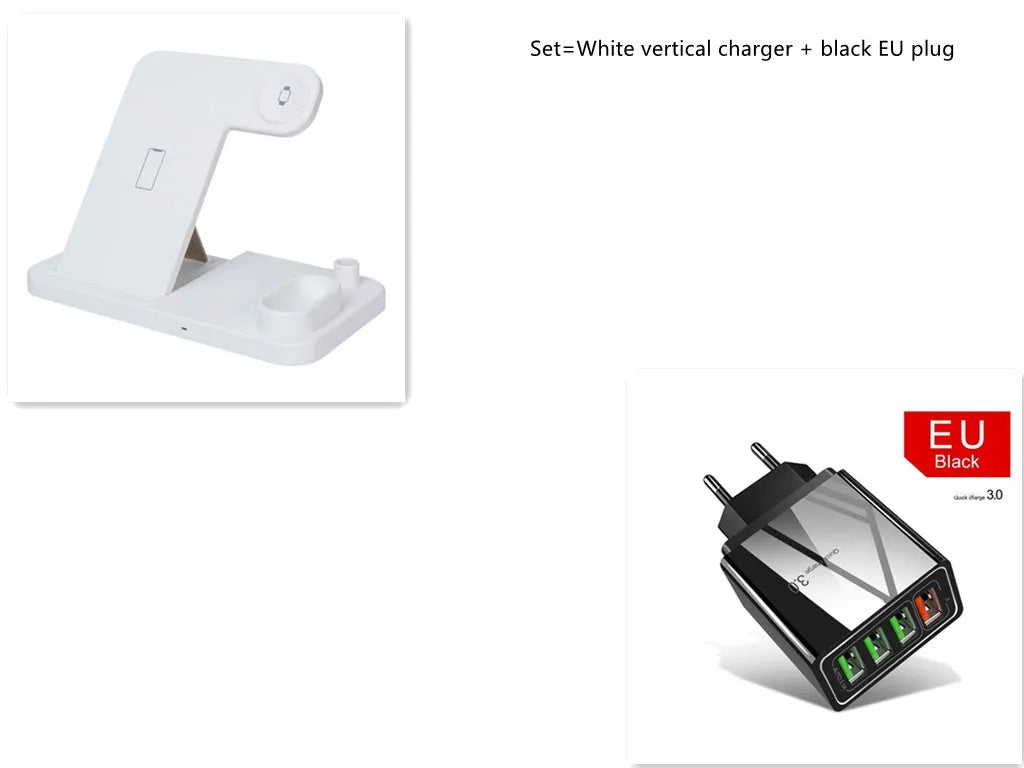 4-in-1 wireless charging station with adjustable magnetic stand charging phone, watch, AirPods, and Apple Pencil