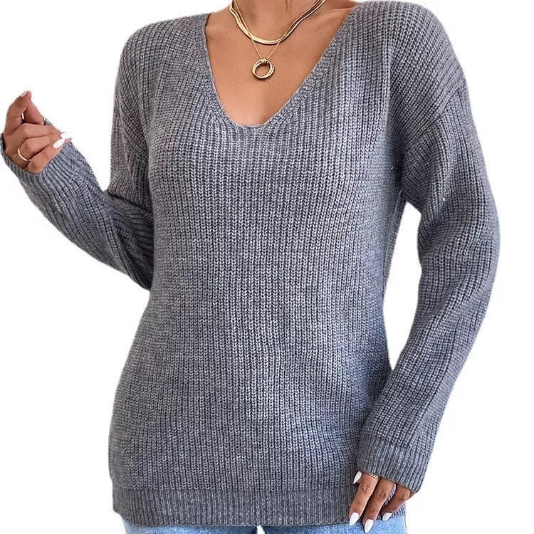 Y2K V-neck backless acrylic sweater for women in gray, black, and blue