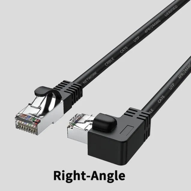 Black Cat6 Ethernet cable with a right-angled metal RJ45 connector, showing the 90-degree bend and cable length.