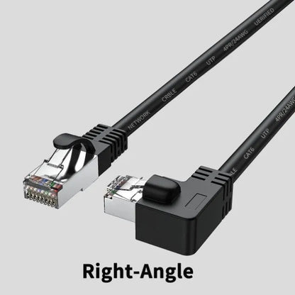 Black Cat6 Ethernet cable with a right-angle metal RJ45 connector lying flat on a wooden surface