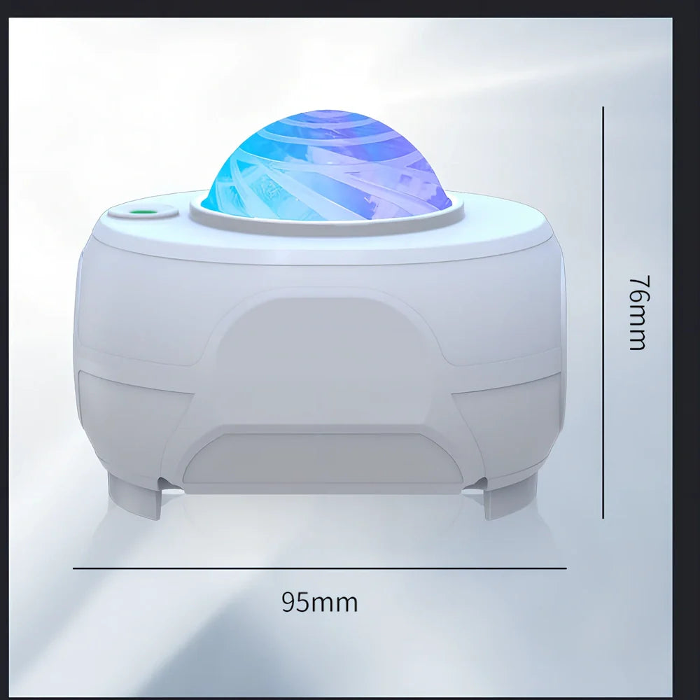 White Swirl Moon Star Laser Atmosphere Lamp projecting celestial patterns with remote control
