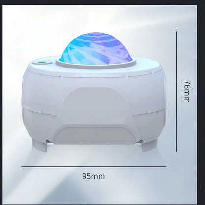 White Swirl Moon Star Laser Atmosphere Lamp projecting celestial patterns with remote control