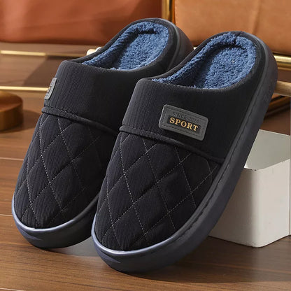 Men's navy blue winter plush house slippers with non-slip sole