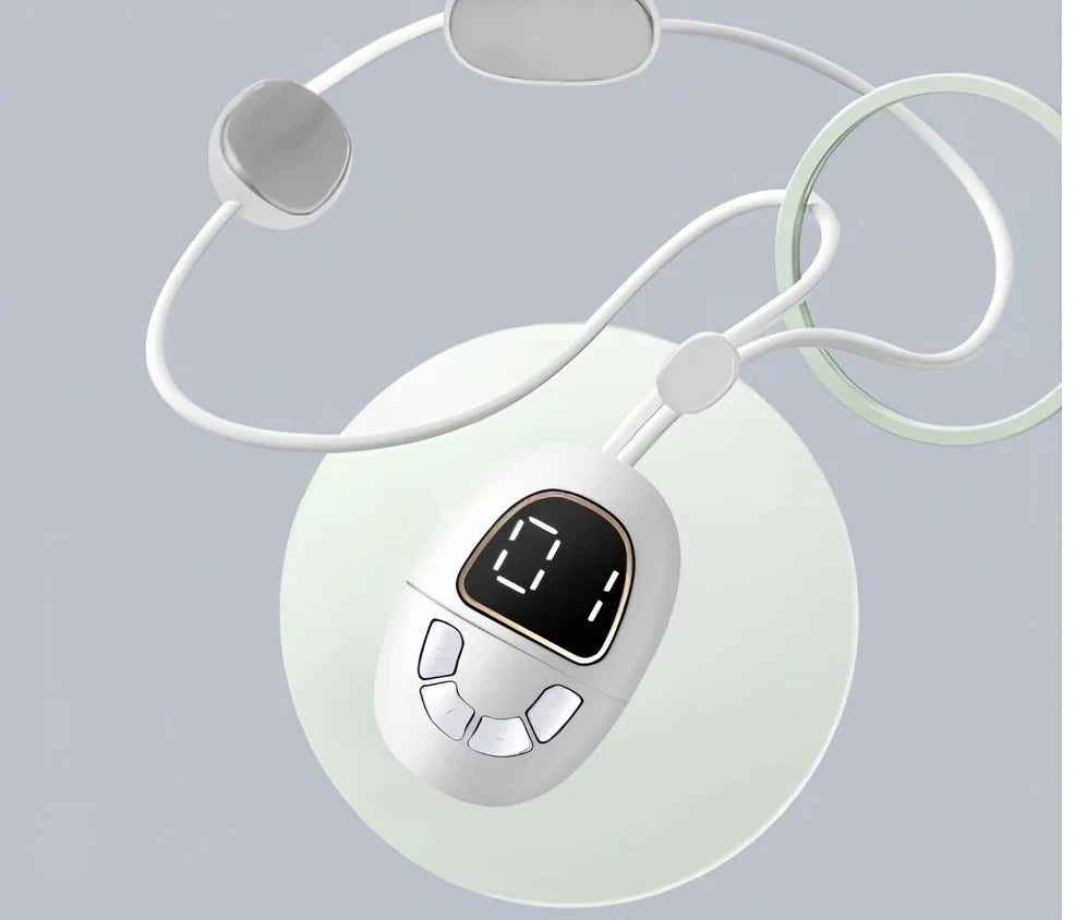 Blue mini cervical spine massage device with hanging neck design and four massage contacts for pulse therapy