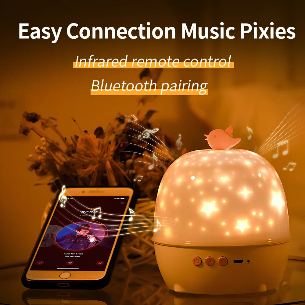 Projection lamp showing constellation pattern with Bluetooth speaker and remote control