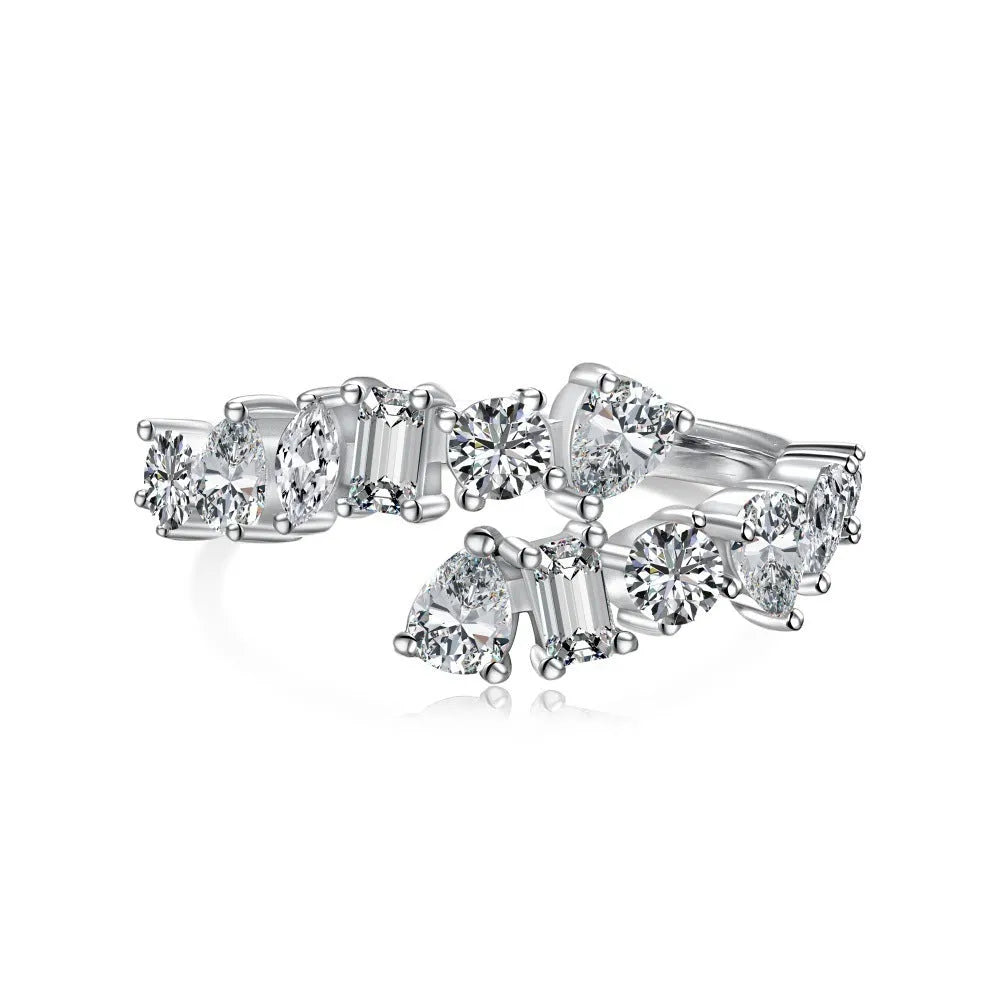 Sterling silver zircon rhinestone ring with adjustable open band in heart, wave, U-shape, drop and geometric designs