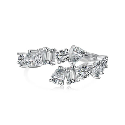 Sterling silver zircon rhinestone ring with adjustable open band in heart, wave, U-shape, drop and geometric designs