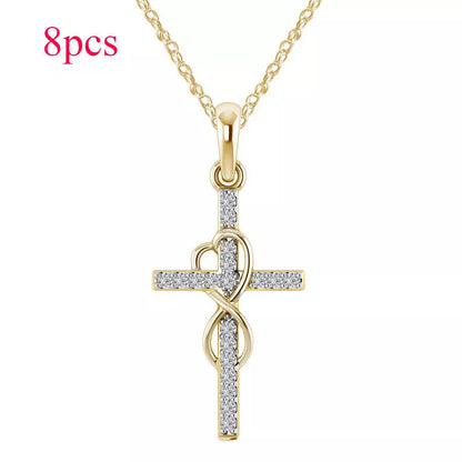 Alloy pendant necklace with diamond and eight-character cross design in gold, silver, and rose gold